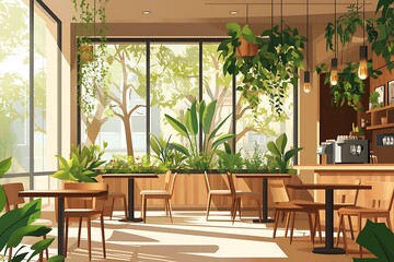 Sunlit Botanical Cafe Interior: Tranquil Wooden Tables & Hanging Plants