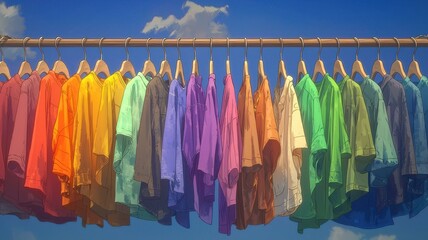 A vibrant display of colorful shirts hanging under a clear sky.