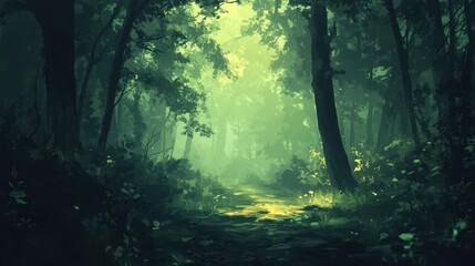 Serene Green Forest Path Sunlight Through Trees