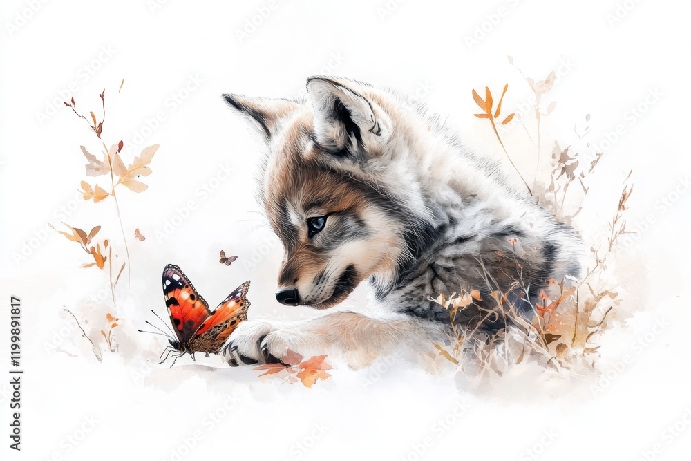 Poster A simple 2D drawing of a wolf cub playing with a butterfly, surrounded by soft shading and neutral tones on a white background
