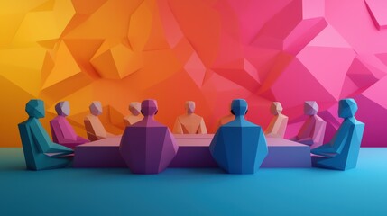 Abstract Meeting with Low-Poly Figures Amidst Colorful Backgrounds