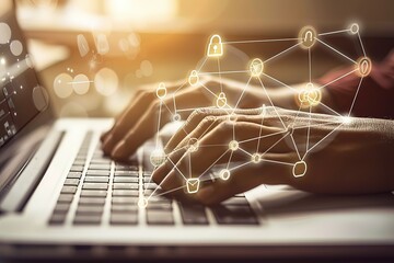 Hands typing on laptop, digital network overlay