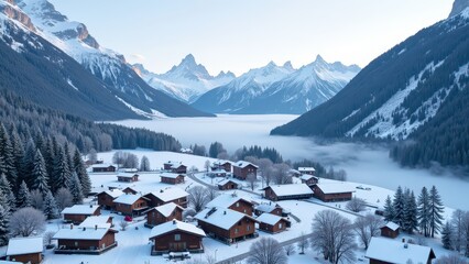 Snow blankets a quaint mountain town; wooden homes with snow-dusted roofs nestled amidst pristine peaks under a serene winter sky