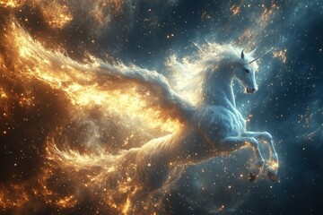 Fototapeta premium Majestic winged unicorn soaring through a colorful cosmic landscape with stars and swirling clouds