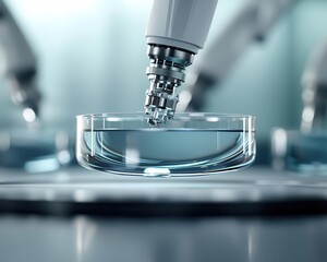 Closeup of robotic arms installing windshields, sterile and controlled factory environment