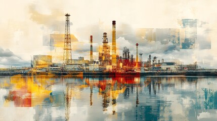 Obraz premium Dramatic Industrial Landscape with Towering Power Plant Reflections