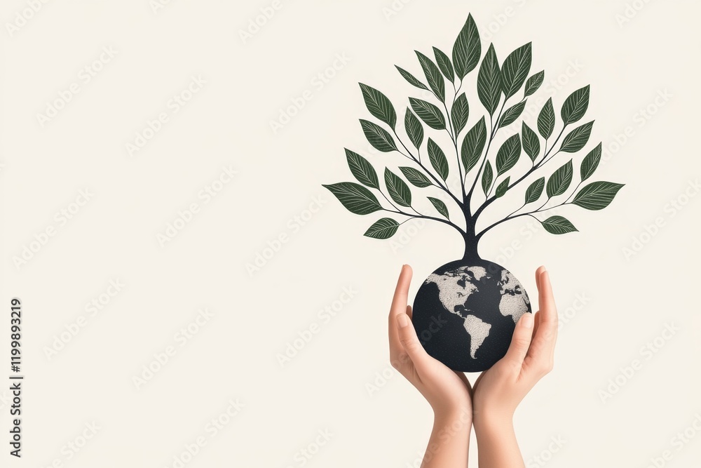 Poster A simple depiction of a tree with a globe forming its canopy, drawn in a clean, modern style on a white background