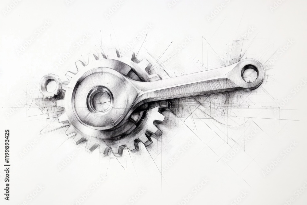 Poster a simple drawing of a wrench resting on a gear, with clean lines and minimal shading, placed on a pl