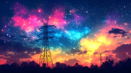 Electrifying Aurora Borealis Lighting up the Night Skies Around a Power Transmission Tower