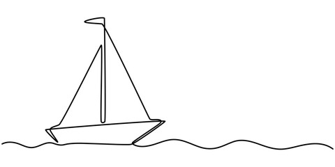 Sailboat Continuous One Line Drawing. Ship Line Art Sketch Black Drawing Isolated on White Background. Boat One Line Monochrome Vector Illustration, Sailing Yacht Continuous Line Editable Icon.