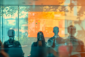 Bright Office Meeting Silhouettes Through Glass Wall
