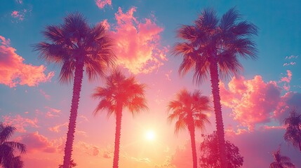 Beautiful sunset with palm trees silhouetted against a colorful sky in a tropical landscape
