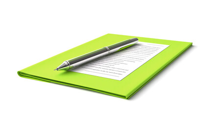 Sleek silver pen resting on stack of documents in vibrant green folder, set against white background. Perfect for business, office organization, and eco-friendly documentation concepts