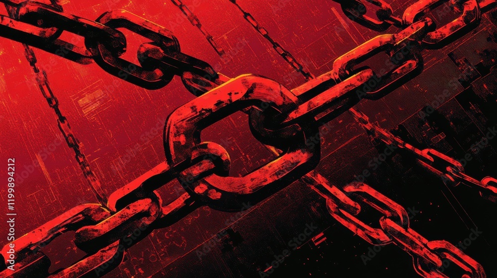 Poster abstract representation of interlocking chains against a red background, symbolizing strength and co