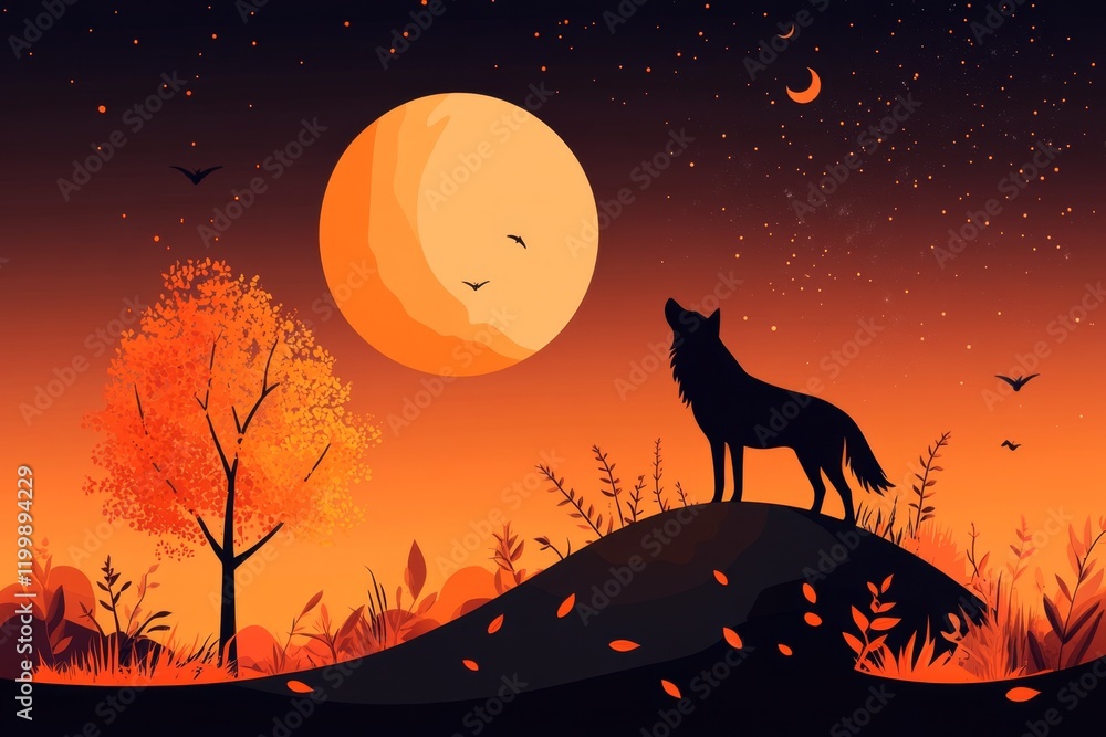 Poster A simple line art of a wolf standing on a hill, with a single tree and a faint moon in the background