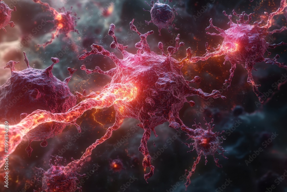 Poster colorful depiction of cells interacting in a dynamic microscopic environment during a biological pro