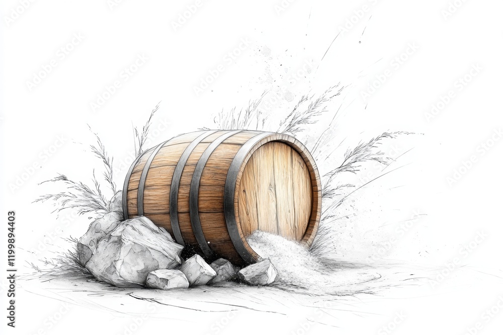 Poster a simple line drawing of a wooden barrel, with subtle shading and muted brown tones on a white backg