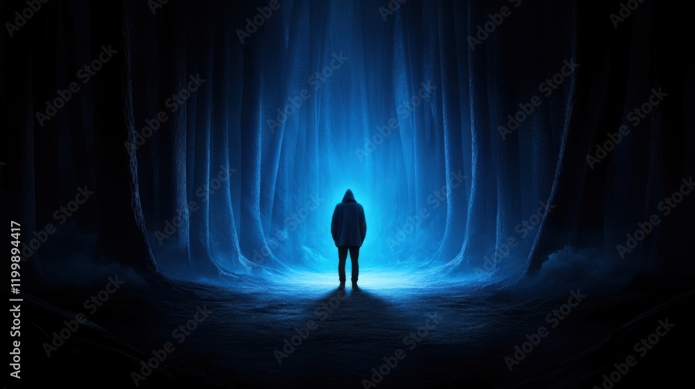 Poster mysterious figure in dark enchanted forest with ethereal blue light illuminating pathway and trees
