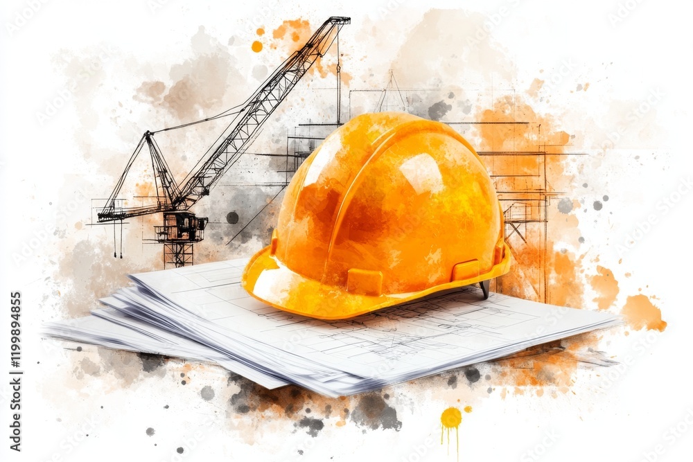 Poster a single construction helmet placed on top of a stack of blueprints, depicted in a simple, sleek sty