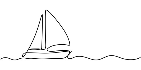 Sailboat Continuous One Line Drawing. Ship Line Art Sketch Black Drawing Isolated on White Background. Boat One Line Monochrome Vector Illustration, Sailing Yacht Continuous Line Editable Icon.
