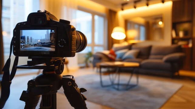 Modern dslr camera capturing footage of a cozy living room, ideal for real estate marketing or interior design showcase