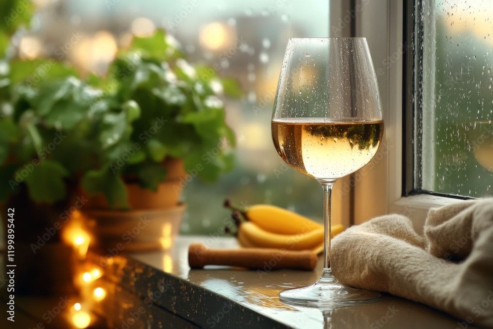 Poster a single wine glass placed on a windowsill, with raindrops on the glass window and soft light stream