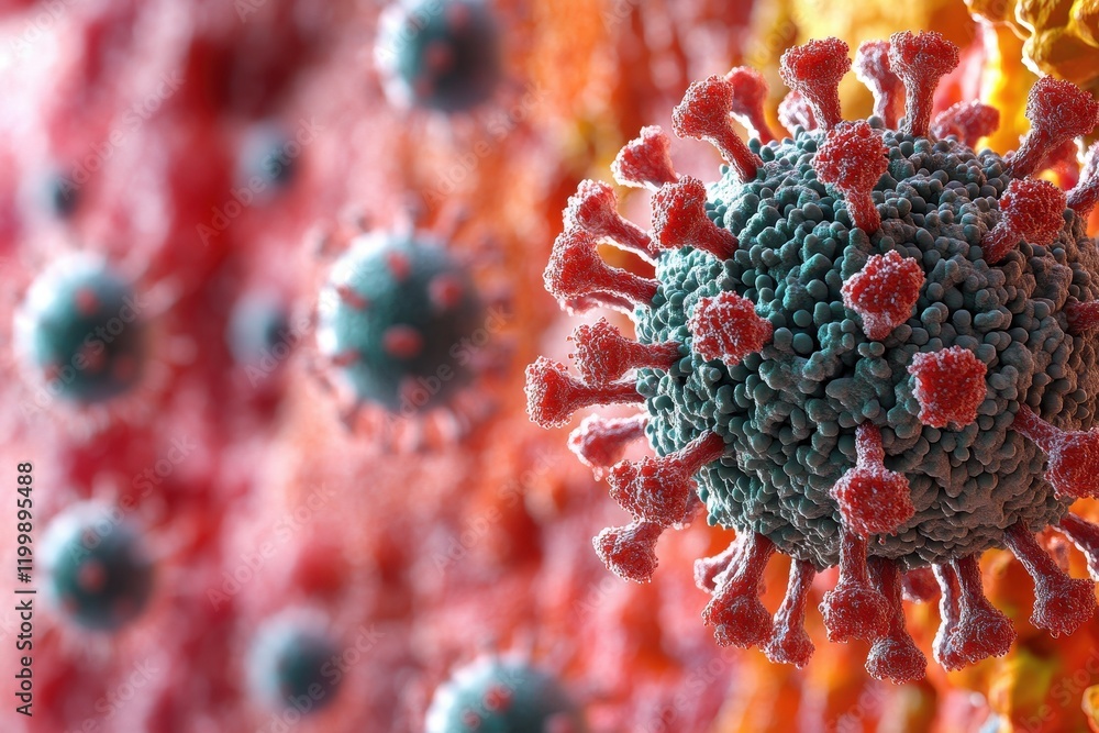 Poster visual representation of a coronavirus under microscope with colorful background illustrating microb