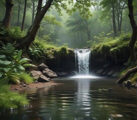 A small waterfall cascading into a forest pond during spring rain , greenery, reflection
