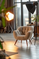 Modern dslr camera capturing footage of a cozy living room, ideal for real estate marketing or interior design showcase
