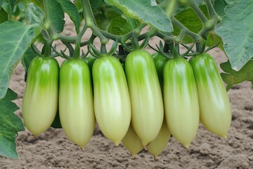 Ripe tomatoes on a branch in a greenhouse. Close-up.