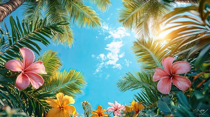 Vibrant tropical scene with flowers and palm trees under a clear blue sky during daylight