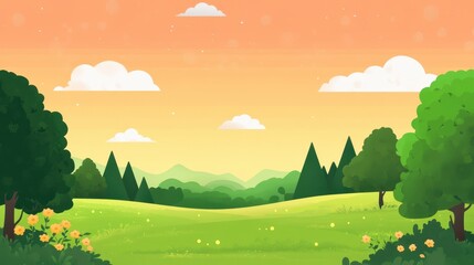 Serene Sunset Landscape With Green Trees And Meadow