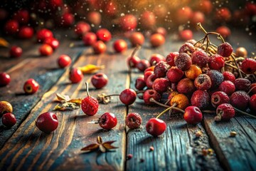Surreal autumnal still life: dried hawthorn berries on weathered wood, a mystical scene.