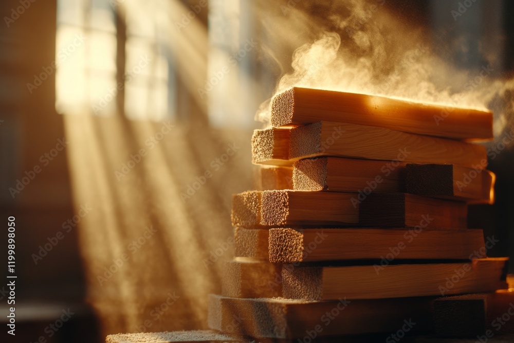 Poster a stack of freshly cut lumber in a sawmill, with visible textures of the wood and light filtering th