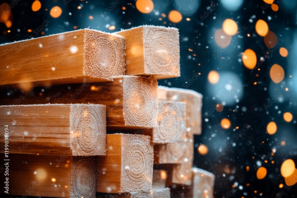 Poster a stack of freshly cut lumber in a sawmill, with visible textures of the wood and light filtering th