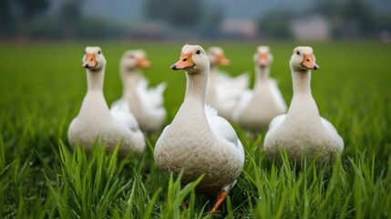 Obraz premium Integrating ducks for sustainable rice paddies wetlands agriculture eco-friendly natural farming practices