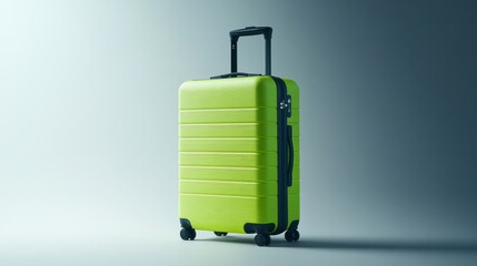 Naklejka premium Modern lightweight suitcase in vibrant lime green, positioned on a minimalist white background 