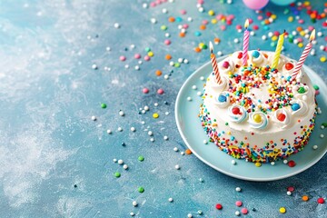 Festive birthday cake with candles and sprinkles