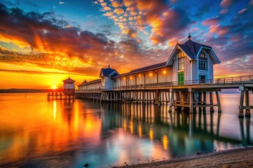 Fototapeta premium Welsh coastal beauty: Penarth Pier's silhouette framed by a fiery sunset sky.