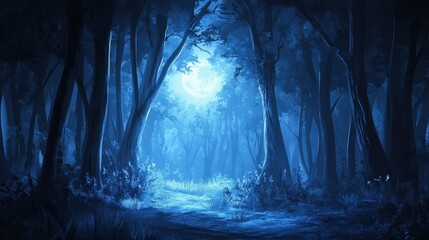 Moonlight Illuminates Path Through Deep Blue Forest