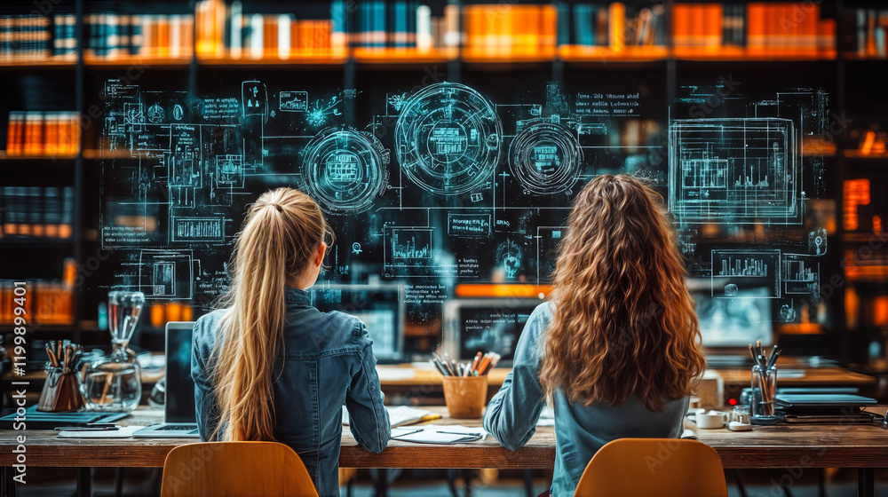 Poster students engaging in ai-driven competitive learning with digital interfaces in library