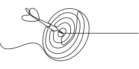 A dart hitting dartboard one line art drawing, Single continuous line drawing of archery target pad was shot with arrows. Archery sport exercise with target board concept. Trendy one line draw design.