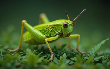 Fototapeta premium Vibrant Green Grasshopper Closeup in Lush Grass