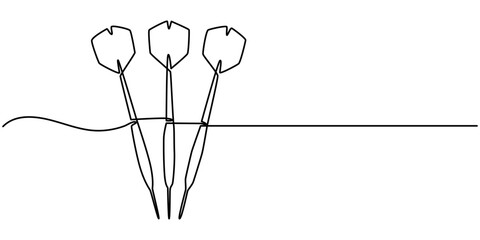 A dart hitting dartboard one line art drawing, Single continuous line drawing of archery target pad was shot with arrows. Archery sport exercise with target board concept. Trendy one line draw design.