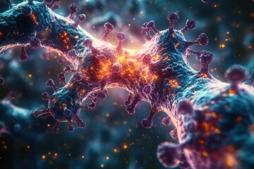 Close-up view of a virus structure under digital visualization in a laboratory setting