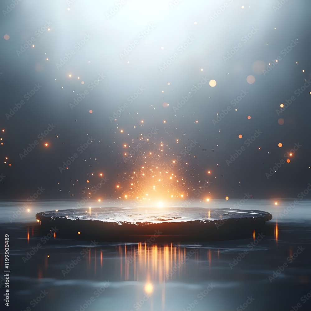 Aufkleber a glowing circular platform surrounded by shimmering light and particles in a misty atmosphere.