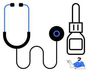 Stethoscope and medical dropper with a healthcare professional pointing. Ideal for healthcare, medicine, medical advice, diagnostics, treatment, health education, wellness. Simple abstract line flat