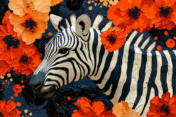 Poster with zebra and red flowers. Fashionable interior design in animal prints