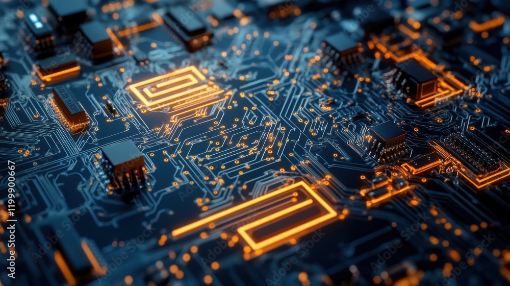 Poster close-up view of a circuit board with glowing components and intricate pathways, showcasing technolo