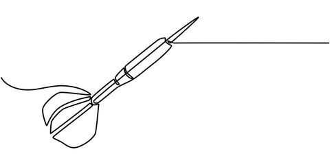 A dart hitting dartboard one line art drawing, Single continuous line drawing of archery target pad was shot with arrows. Archery sport exercise with target board concept. Trendy one line draw design.